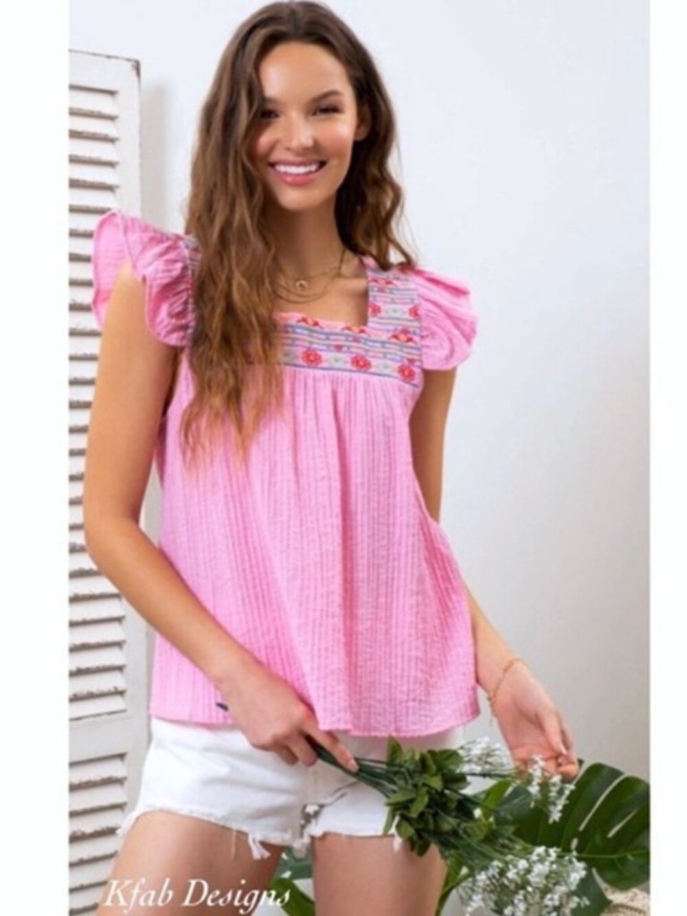 MINE Los Angeles Embroidered Square Neckline Flutter Sleeve Soft Top NIP